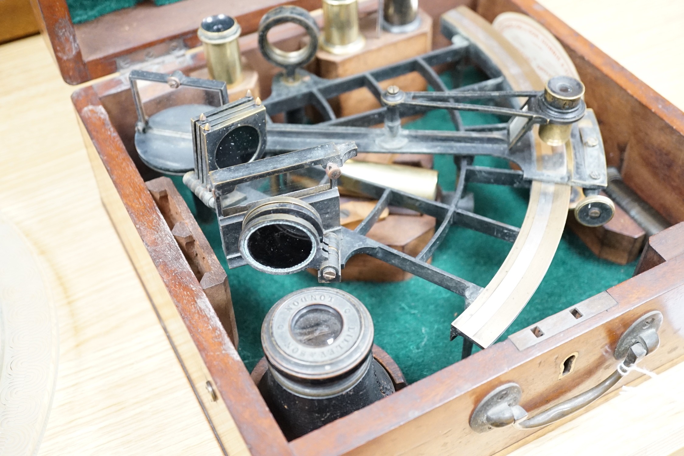 An early 20th century John Lilley & Son cased mahogany brass sextant